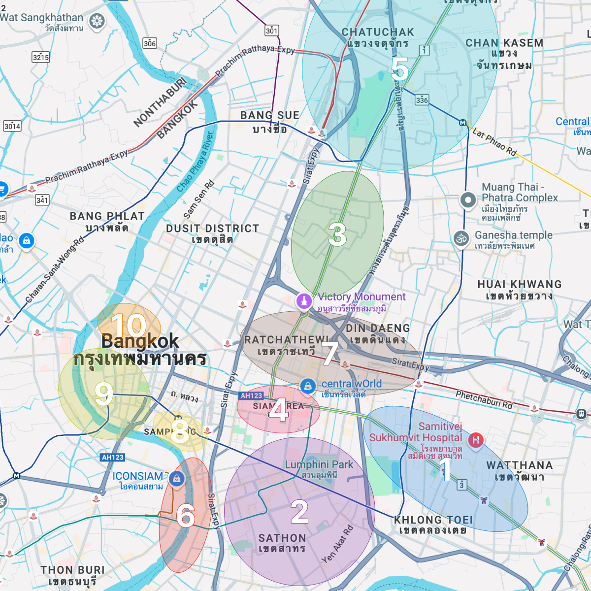 バンコク中心部の主要エリアマップ