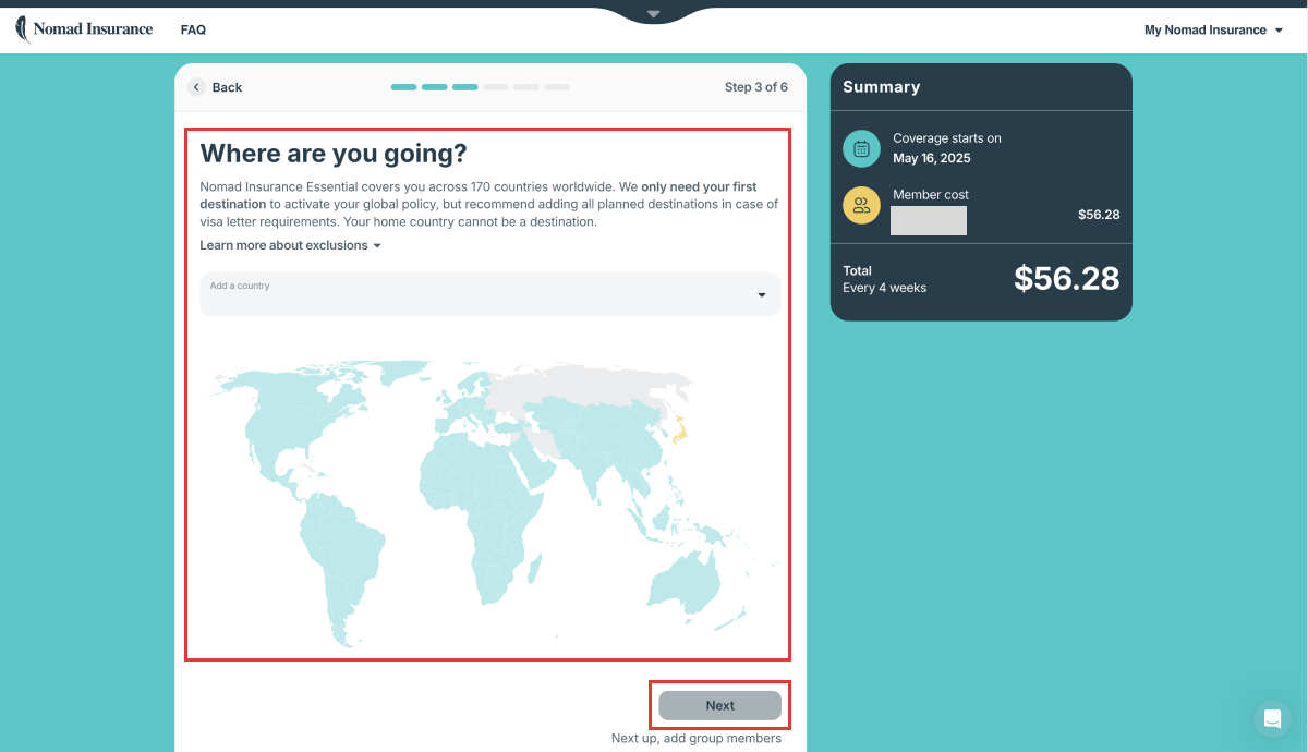 渡航予定先入力のナビゲーション